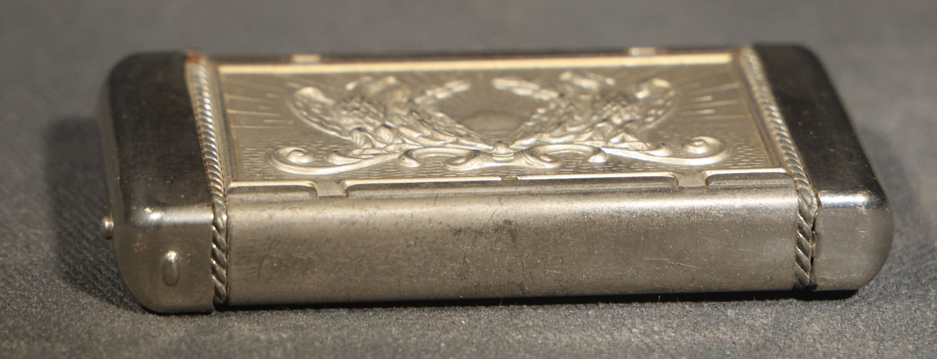 Antique Patriotic Match Safe with Double Eagle and Rising Sun Motif and Union Shield with Crossed Flags and Weapons