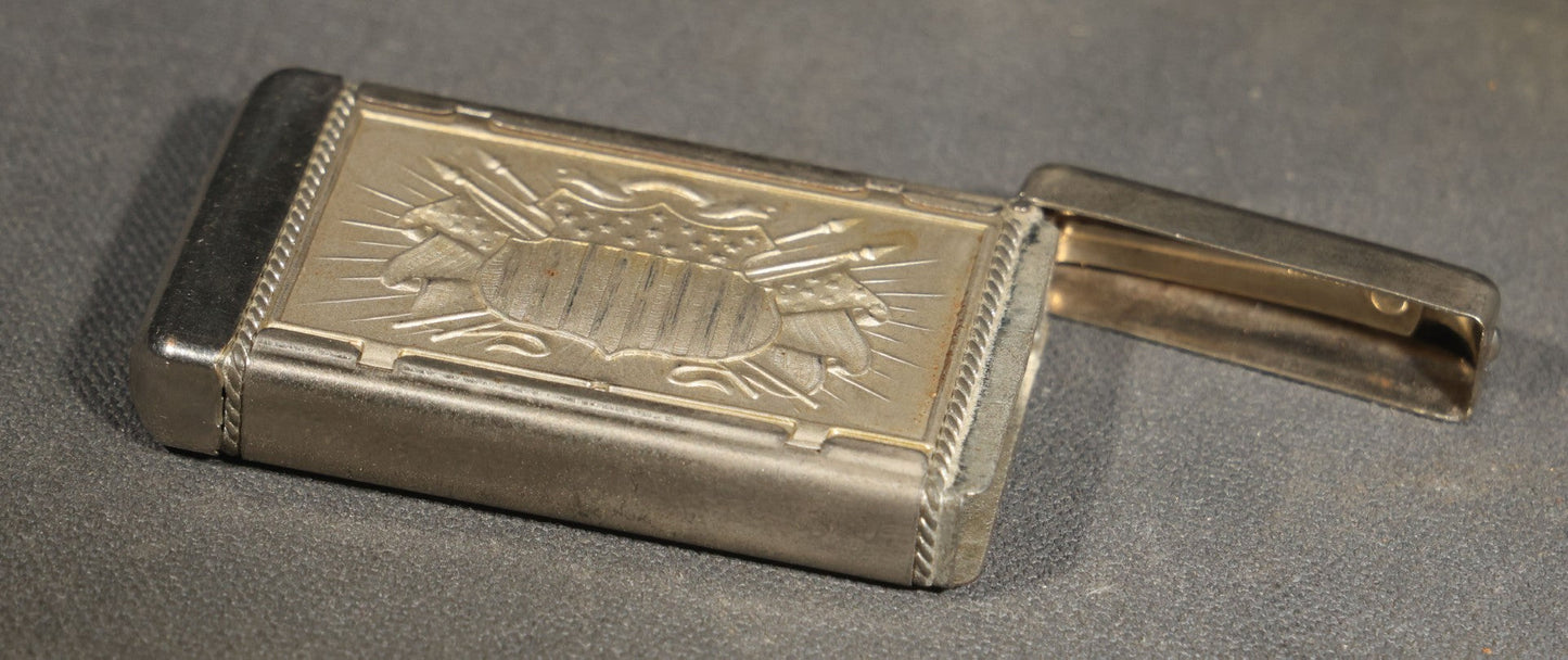 Antique Patriotic Match Safe with Double Eagle and Rising Sun Motif and Union Shield with Crossed Flags and Weapons