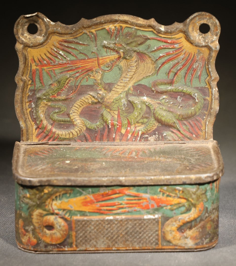Antique Tin Lithograph Wall-Mount Match Safe with Dragon and Flame Motifs