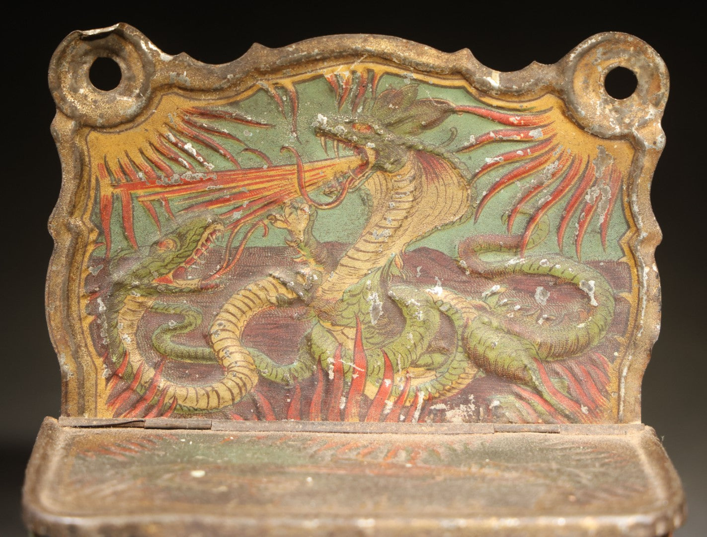 Antique Tin Lithograph Wall-Mount Match Safe with Dragon and Flame Motifs