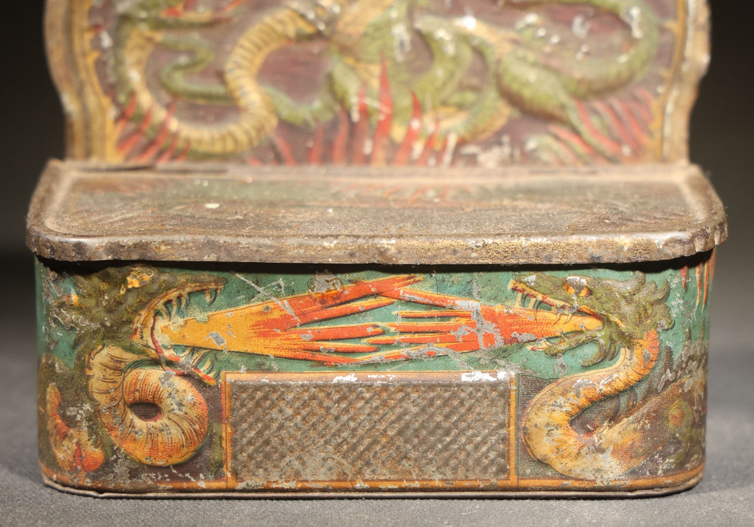 Antique Tin Lithograph Wall-Mount Match Safe with Dragon and Flame Motifs