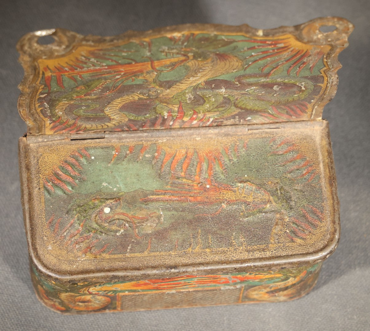 Antique Tin Lithograph Wall-Mount Match Safe with Dragon and Flame Motifs