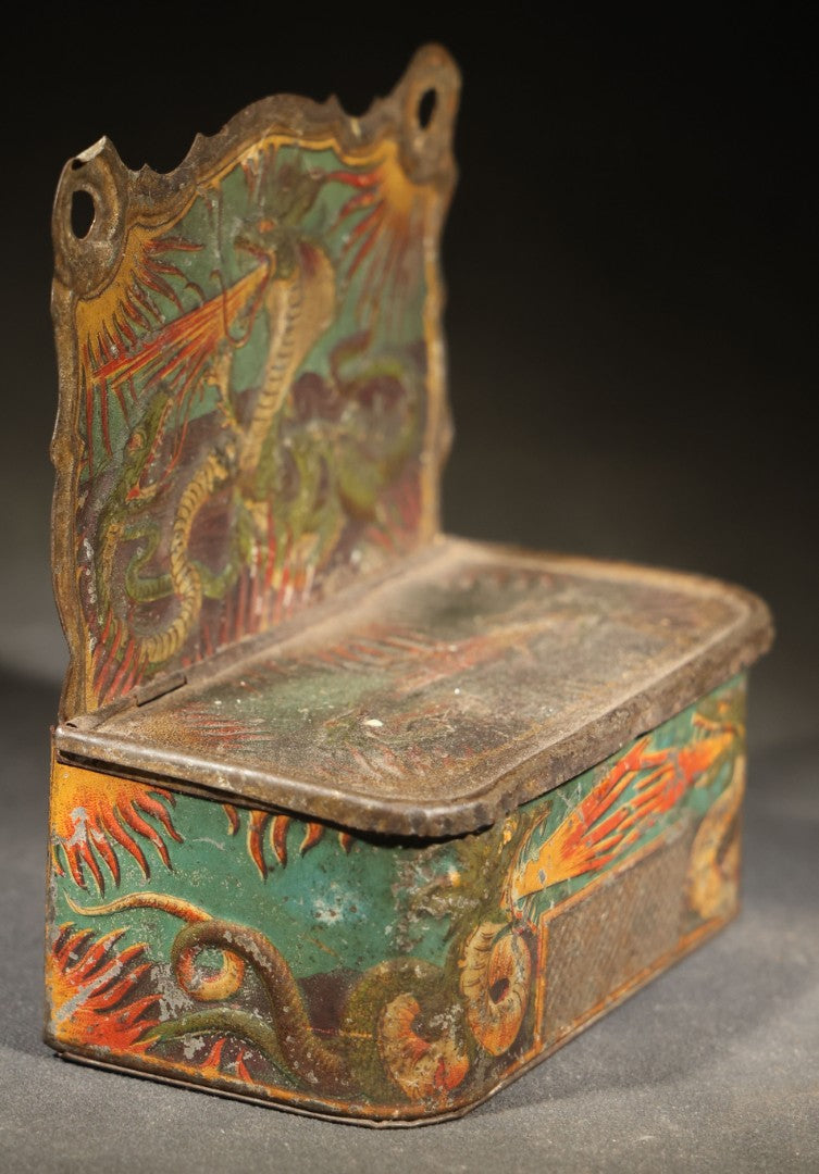 Antique Tin Lithograph Wall-Mount Match Safe with Dragon and Flame Motifs