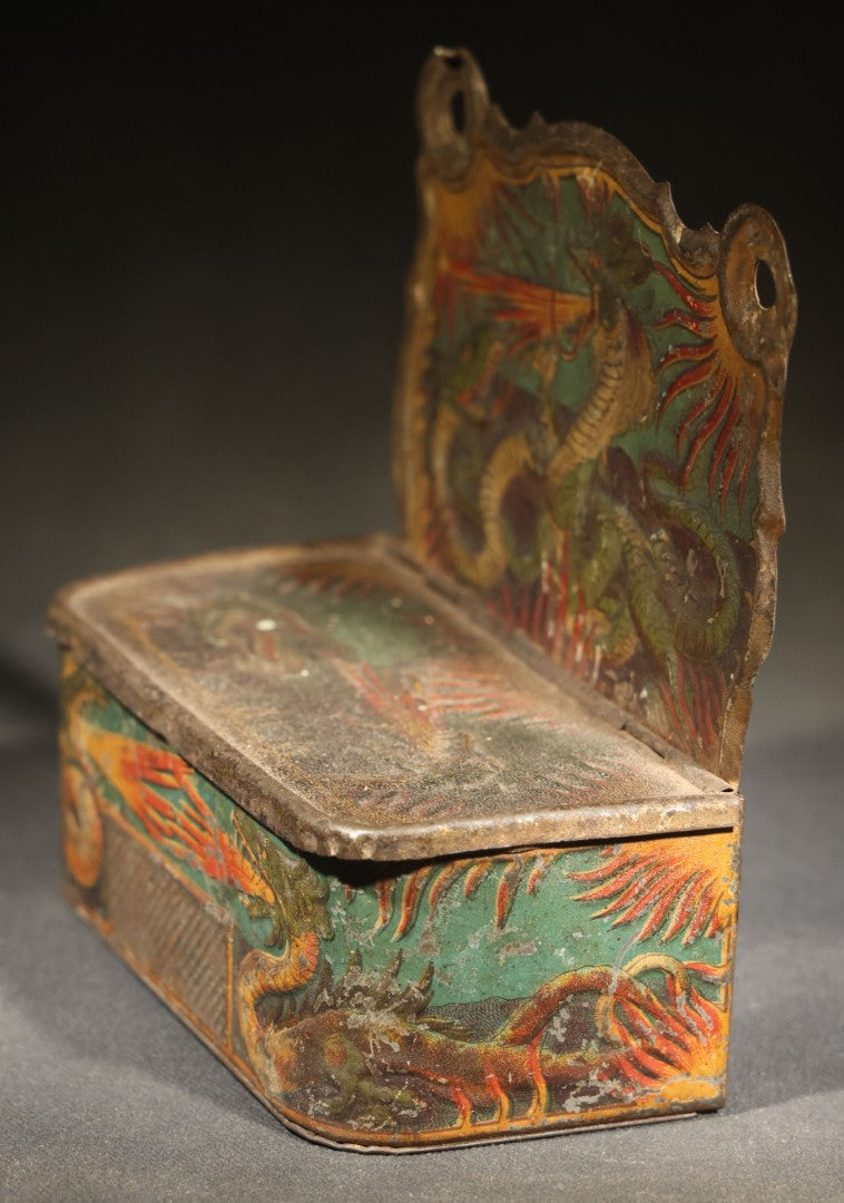 Antique Tin Lithograph Wall-Mount Match Safe with Dragon and Flame Motifs