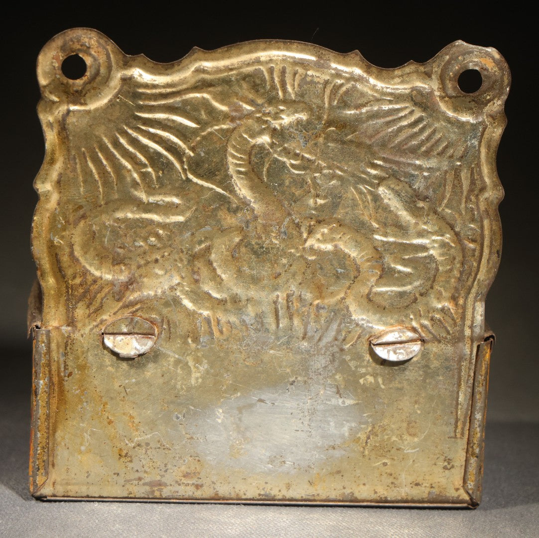 Antique Tin Lithograph Wall-Mount Match Safe with Dragon and Flame Motifs