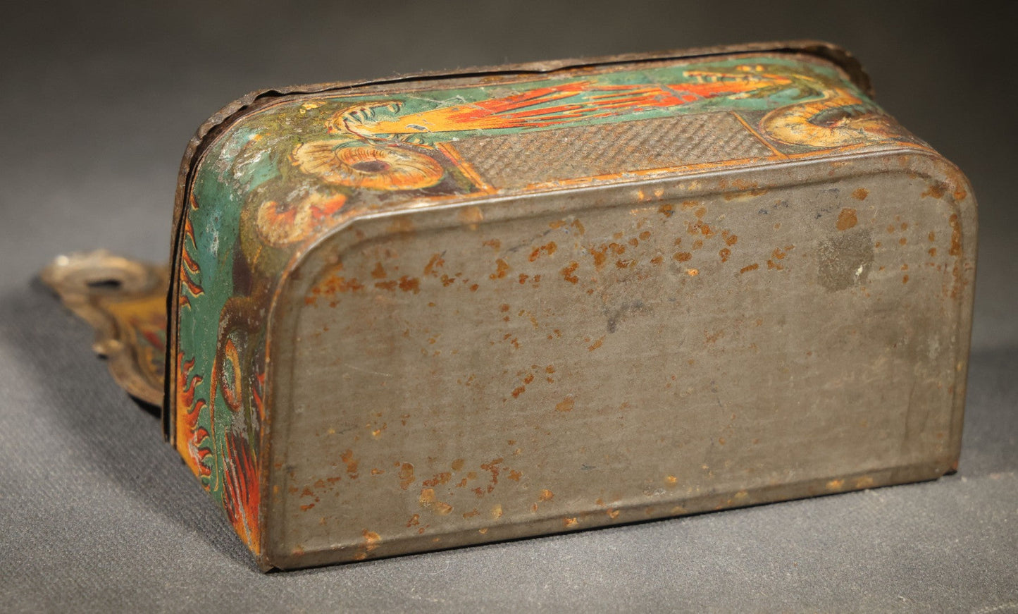 Antique Tin Lithograph Wall-Mount Match Safe with Dragon and Flame Motifs