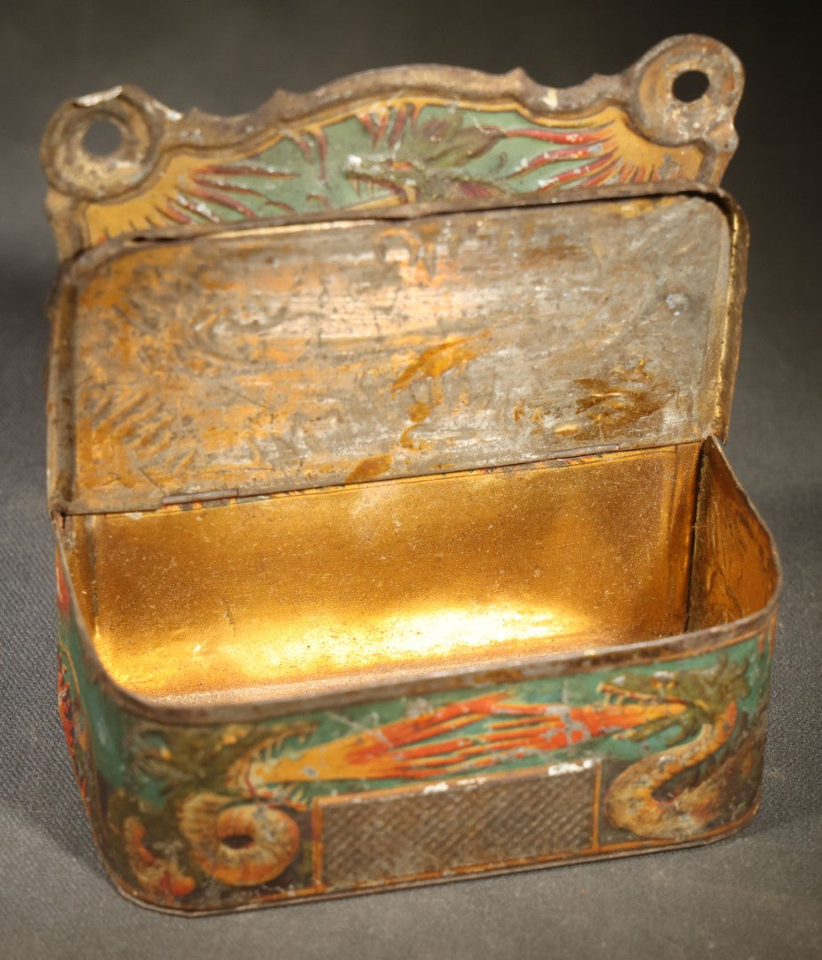 Antique Tin Lithograph Wall-Mount Match Safe with Dragon and Flame Motifs