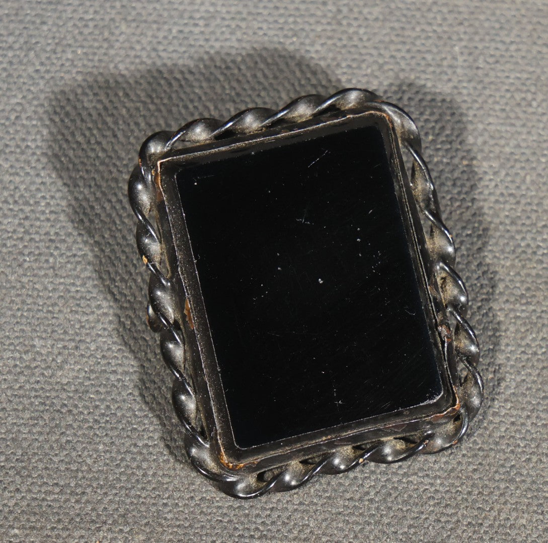 Antique Black Glass Mourning Brooch with Twisted Rope Border in L. Schmidt Diamond Merchant & Optician Jeweler's Box, Braddock, Pennsylvania