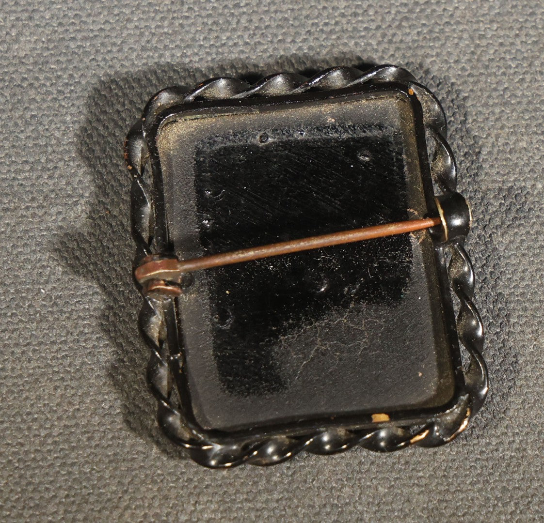 Antique Black Glass Mourning Brooch with Twisted Rope Border in L. Schmidt Diamond Merchant & Optician Jeweler's Box, Braddock, Pennsylvania