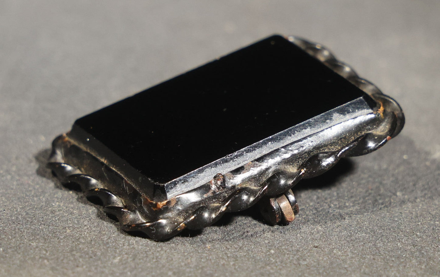 Antique Black Glass Mourning Brooch with Twisted Rope Border in L. Schmidt Diamond Merchant & Optician Jeweler's Box, Braddock, Pennsylvania