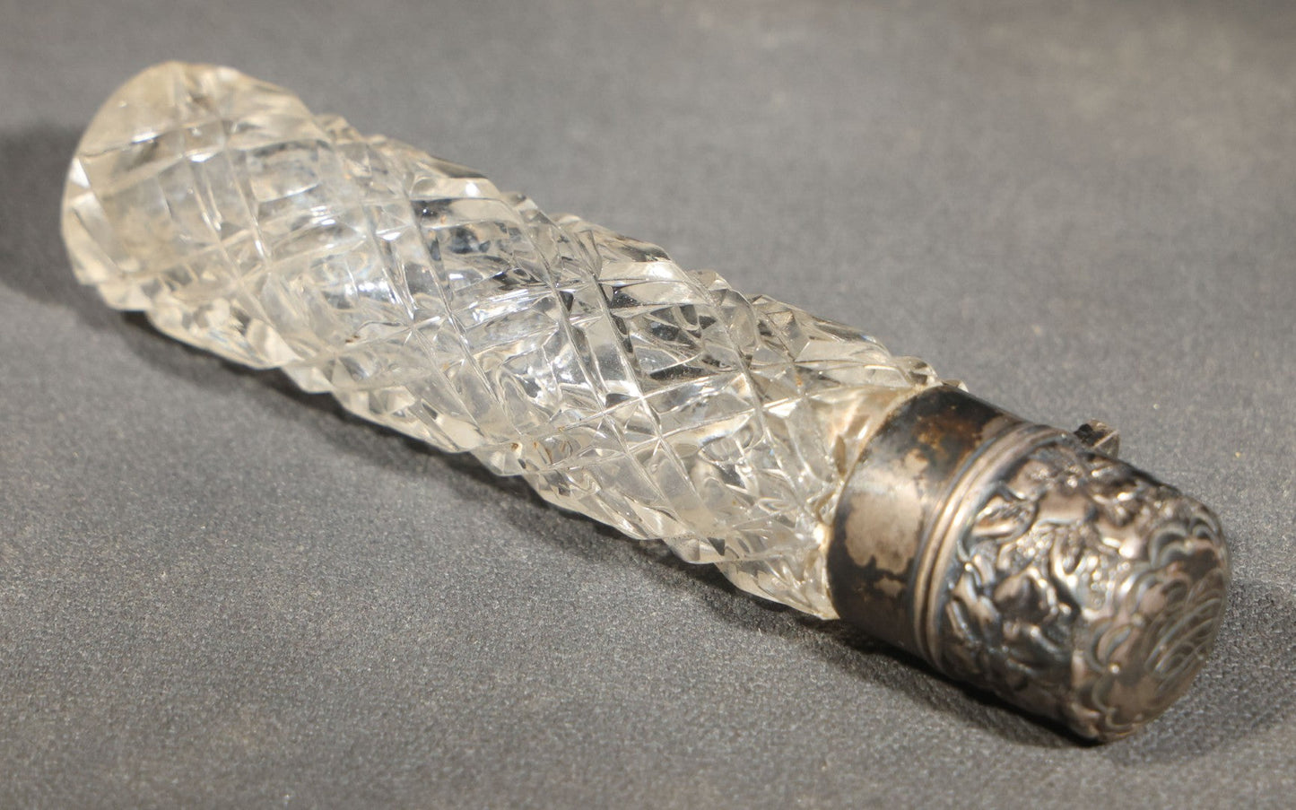 Antique Cut Glass Scent Bottle with Repousse Sterling Silver Cap