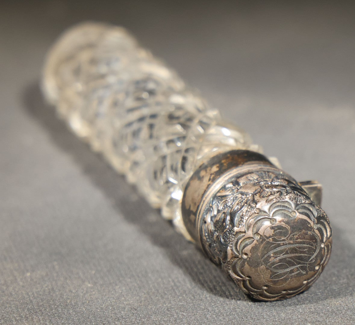 Antique Cut Glass Scent Bottle with Repousse Sterling Silver Cap