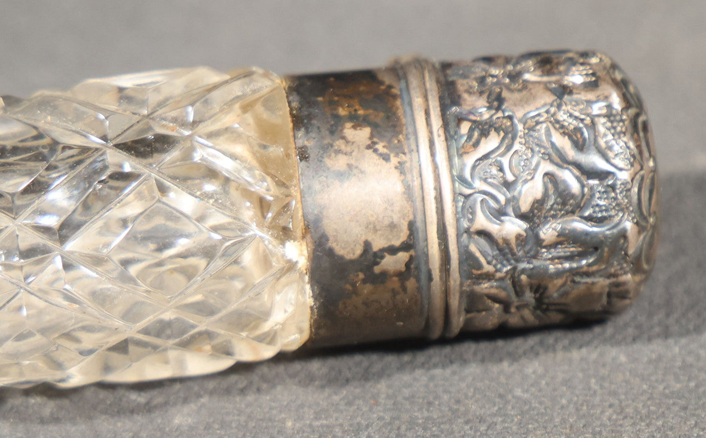 Antique Cut Glass Scent Bottle with Repousse Sterling Silver Cap