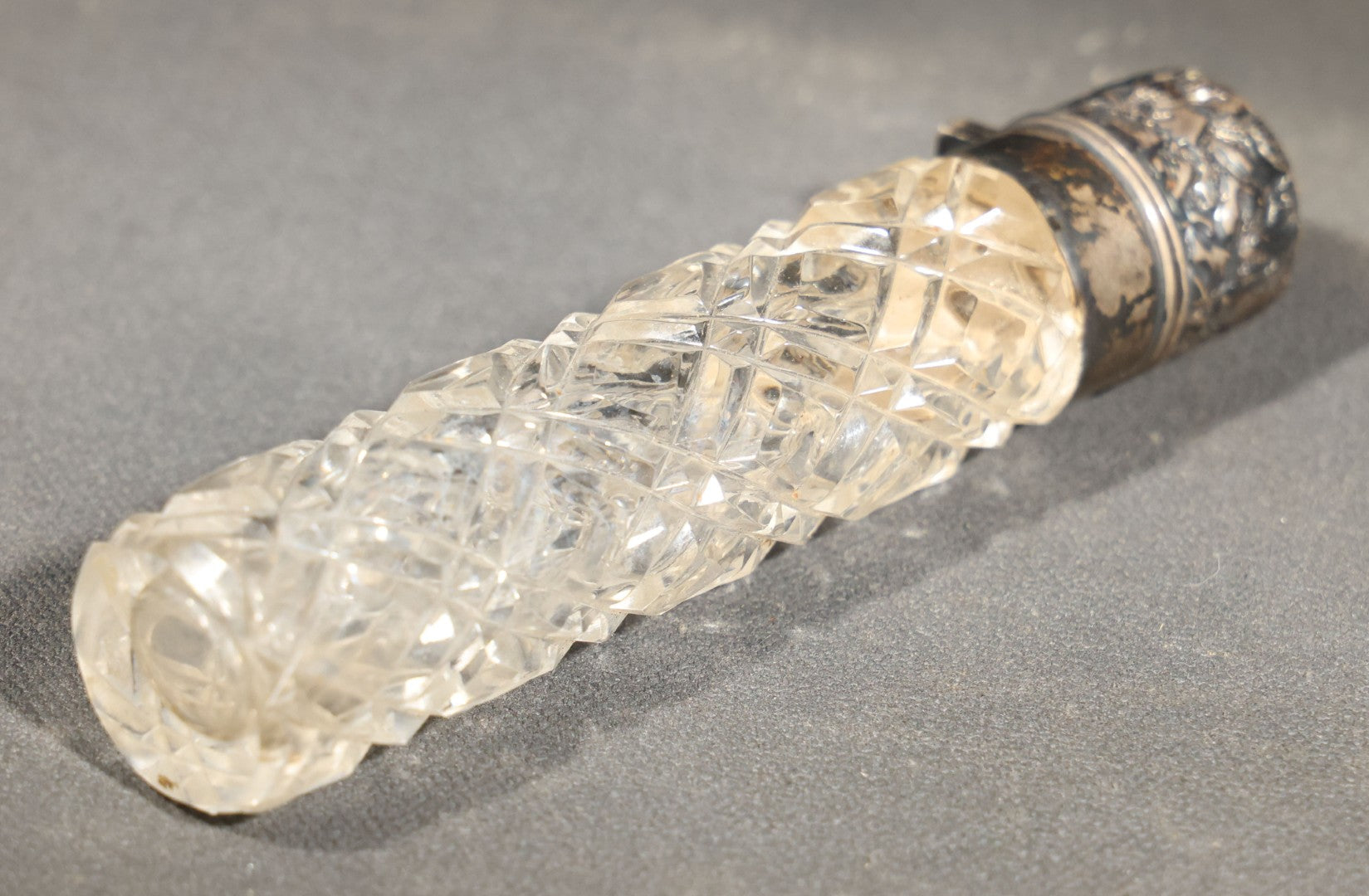 Antique Cut Glass Scent Bottle with Repousse Sterling Silver Cap
