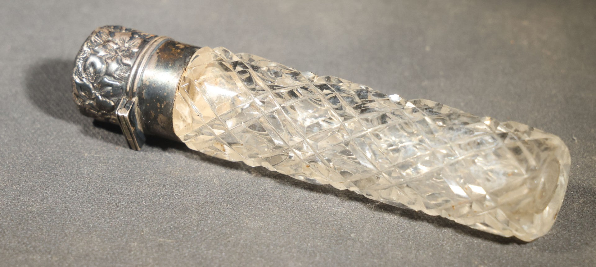 Antique Cut Glass Scent Bottle with Repousse Sterling Silver Cap