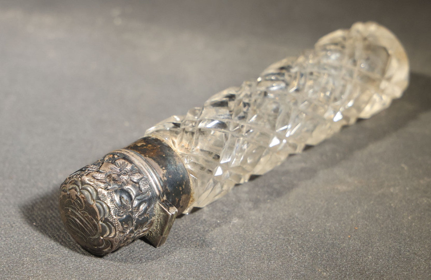 Antique Cut Glass Scent Bottle with Repousse Sterling Silver Cap