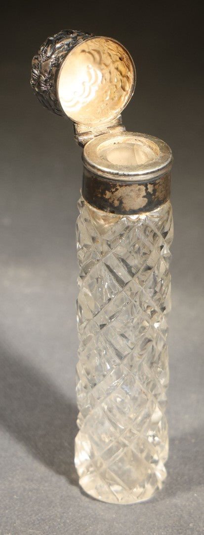 Antique Cut Glass Scent Bottle with Repousse Sterling Silver Cap