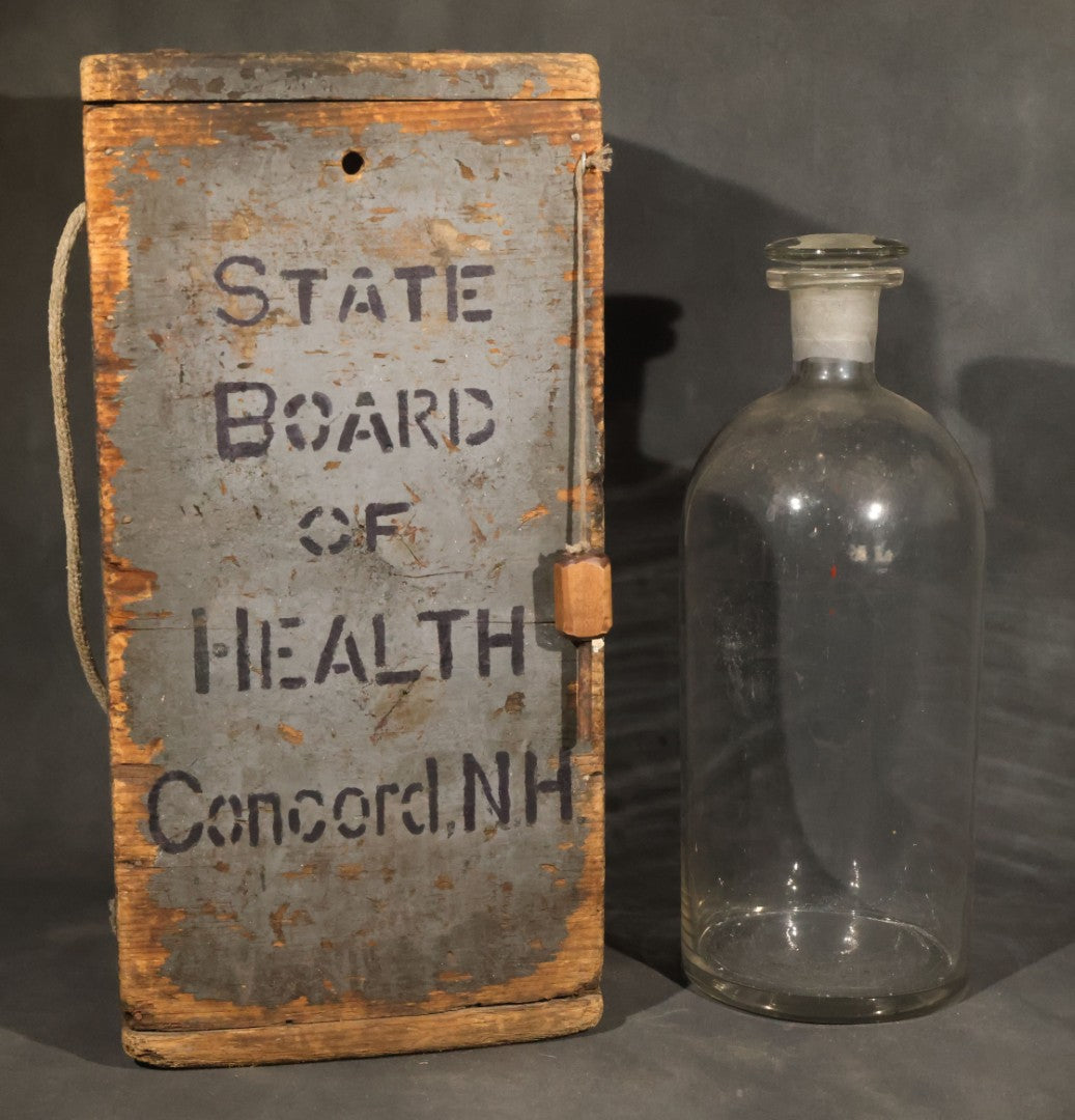 Antique New Hampshire State Board of Health Glass Bottle in Wooden Carrying Box, Concord, New Hampshire