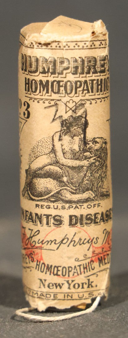 Antique Humphreys' Homeopathic No. 3 Infants' Diseases Pellet Vial with Printed Wrapper and original contents, Humphreys' Homeopathic Medicine Co., New York