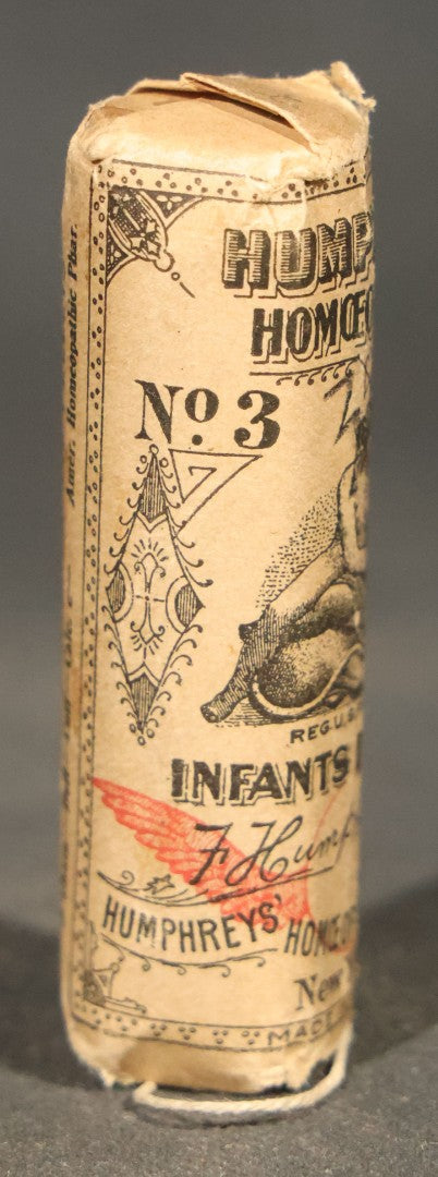Antique Humphreys' Homeopathic No. 3 Infants' Diseases Pellet Vial with Printed Wrapper and original contents, Humphreys' Homeopathic Medicine Co., New York