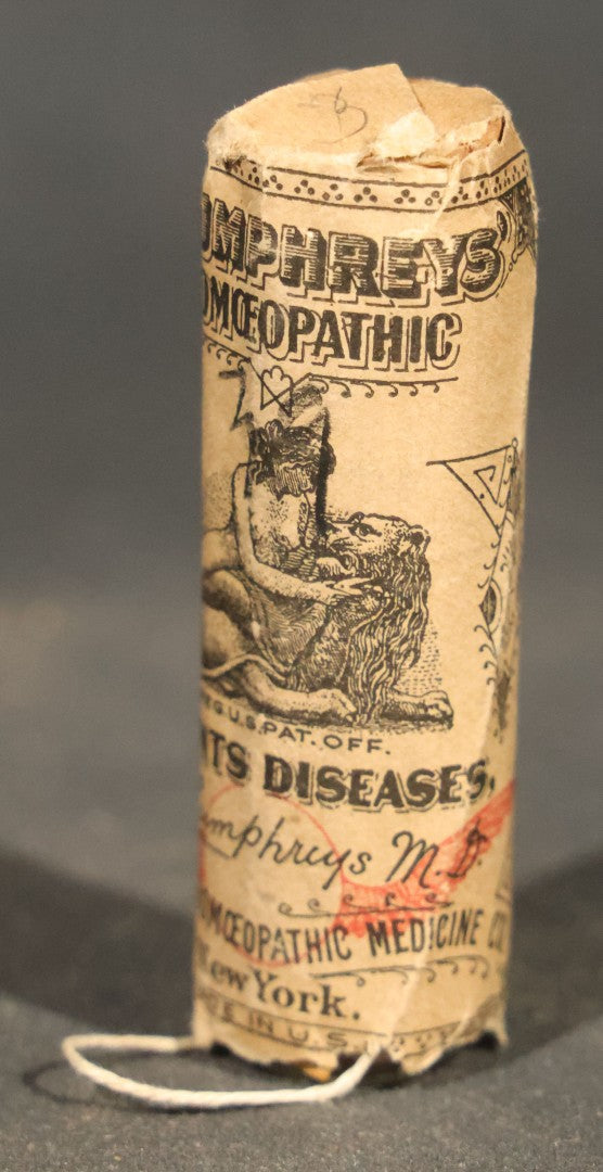 Antique Humphreys' Homeopathic No. 3 Infants' Diseases Pellet Vial with Printed Wrapper and original contents, Humphreys' Homeopathic Medicine Co., New York