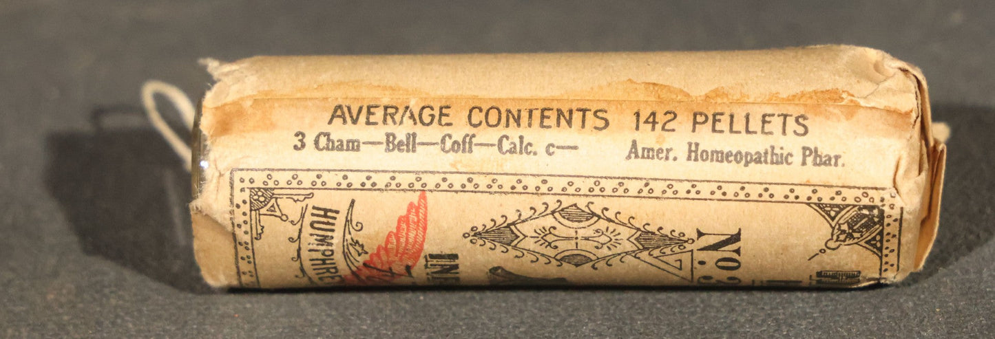 Antique Humphreys' Homeopathic No. 3 Infants' Diseases Pellet Vial with Printed Wrapper and original contents, Humphreys' Homeopathic Medicine Co., New York
