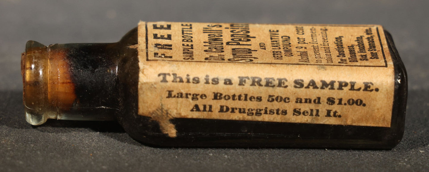 Pair of Antique Pharmaceutical Sample Bottles including Dr. Caldwell's Syrup Pepsin and Upjohn Quinine Sulph. Sample Pill