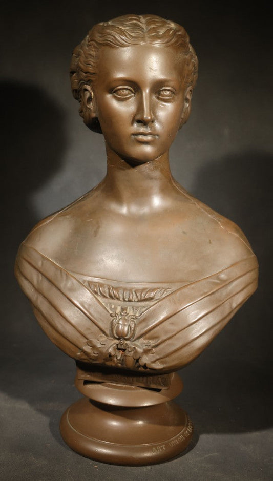 Antique Bronze-Patinated Plaster Bust of Princess Alexandra of Denmark After Mary Thornycroft, Published by W.T. Copeland for the Art Union of London, 1863, Note Surface Cracking and Glue Repairs