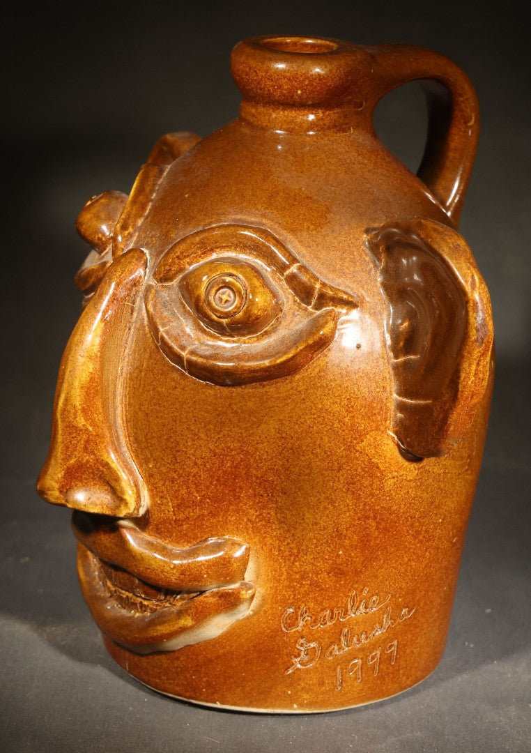 Vintage Brown-Glazed Pottery Face Jug with Applied Features and Teeth, Signed Charlie Galusha, 1999, Note Damaged Ear