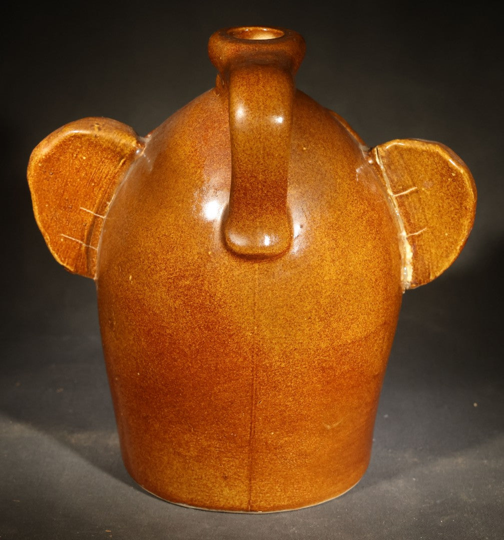 Vintage Brown-Glazed Pottery Face Jug with Applied Features and Teeth, Signed Charlie Galusha, 1999, Note Damaged Ear