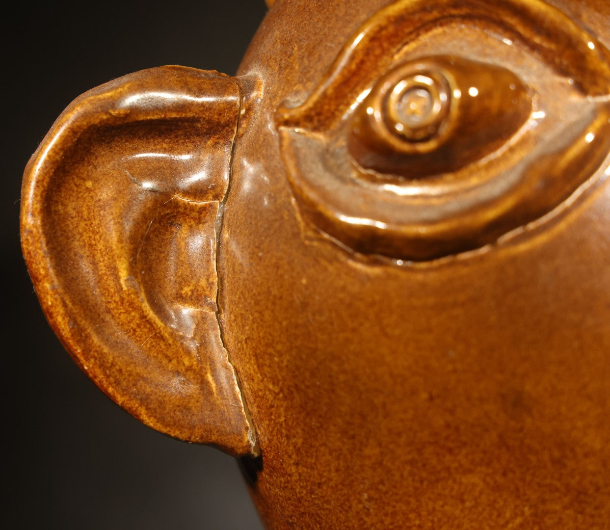 Vintage Brown-Glazed Pottery Face Jug with Applied Features and Teeth, Signed Charlie Galusha, 1999, Note Damaged Ear