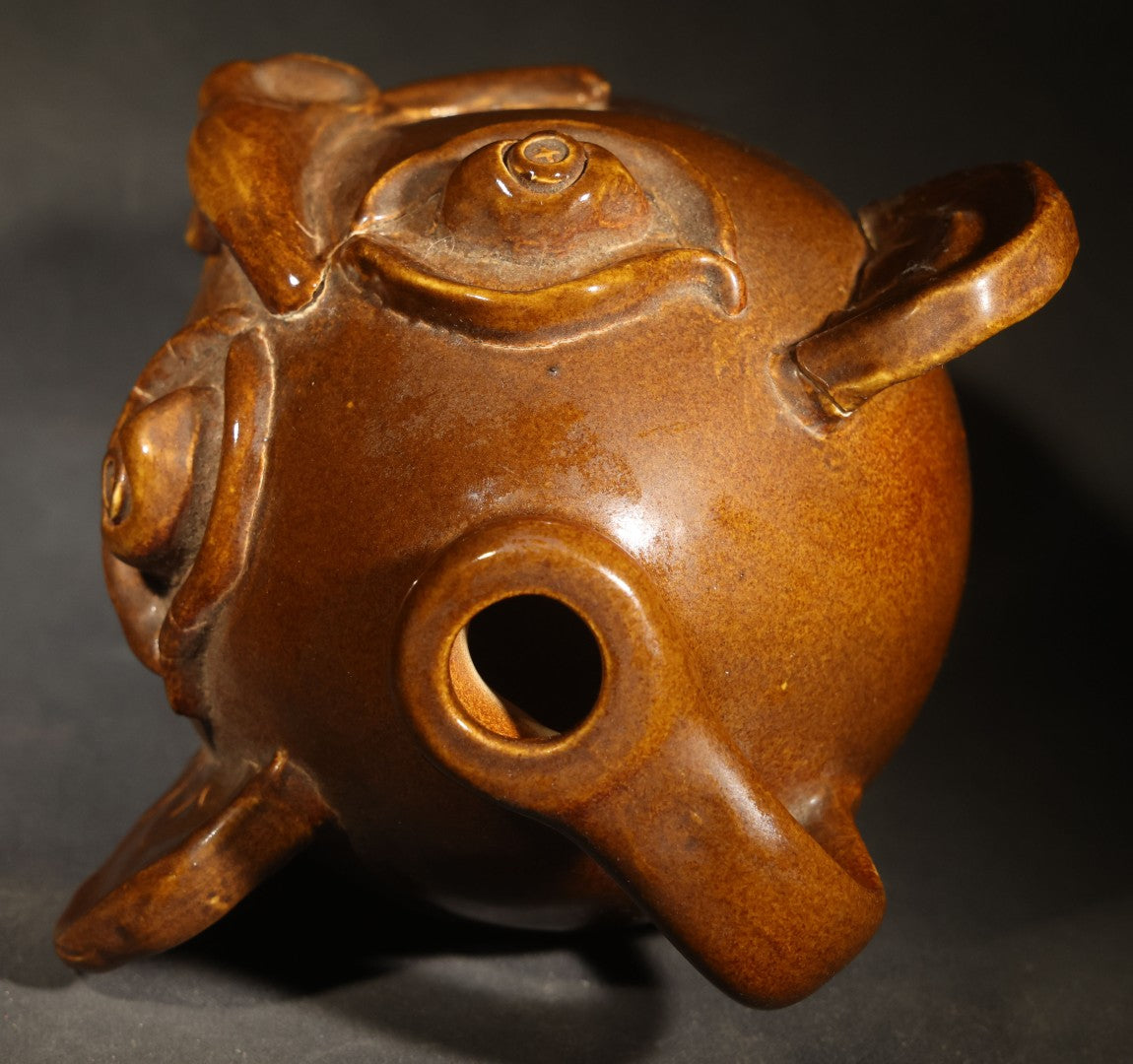 Vintage Brown-Glazed Pottery Face Jug with Applied Features and Teeth, Signed Charlie Galusha, 1999, Note Damaged Ear