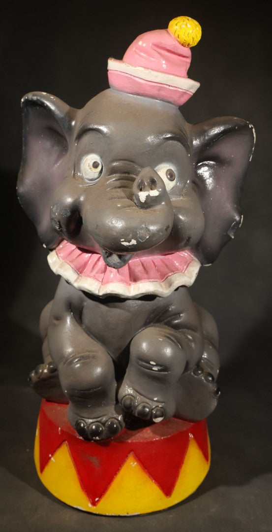 Vintage Chalkware Circus Elephant Coin Bank Carnival Prize, Seated on Red and Yellow Drum with Pink Ruffle Collar and Hat
