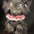 Lot 073 - Vintage Chalkware Circus Elephant Coin Bank Carnival Prize, Seated on Red and Yellow Drum with Pink Ruffle Collar and Hat, 18" H