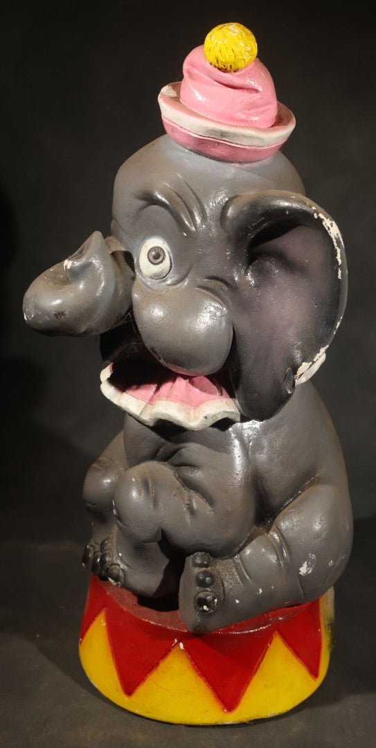 Vintage Chalkware Circus Elephant Coin Bank Carnival Prize, Seated on Red and Yellow Drum with Pink Ruffle Collar and Hat