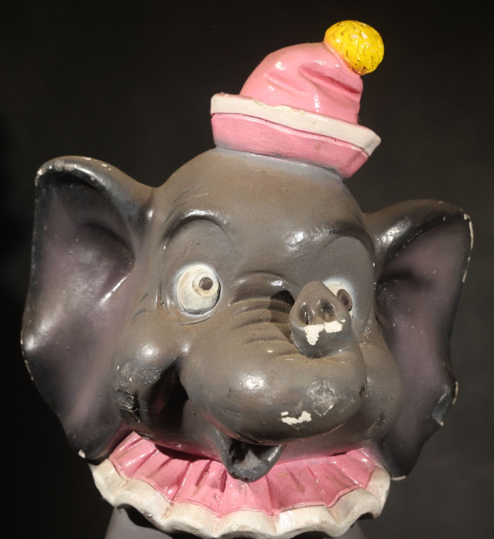 Vintage Chalkware Circus Elephant Coin Bank Carnival Prize, Seated on Red and Yellow Drum with Pink Ruffle Collar and Hat