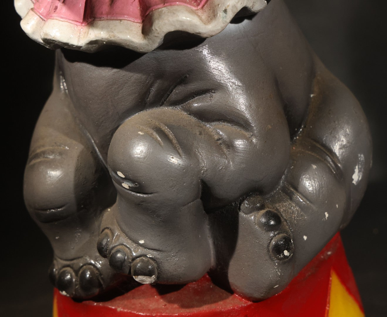 Vintage Chalkware Circus Elephant Coin Bank Carnival Prize, Seated on Red and Yellow Drum with Pink Ruffle Collar and Hat