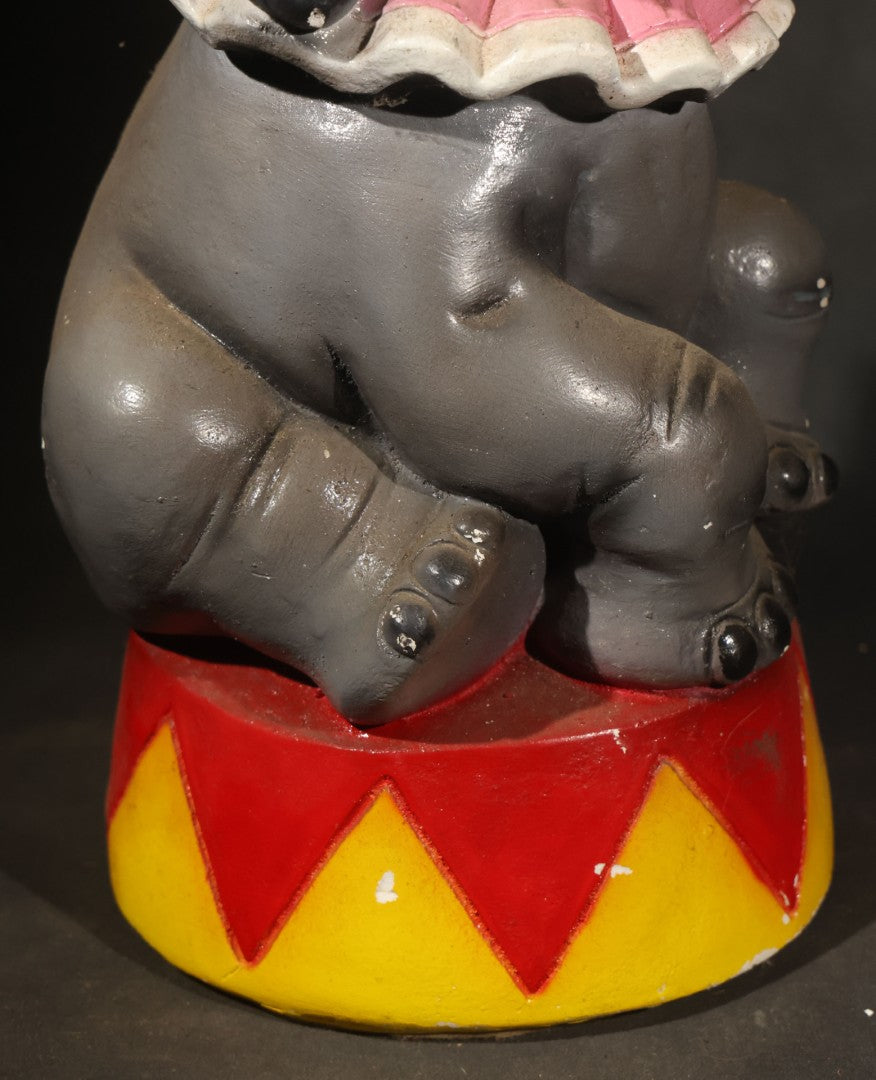 Vintage Chalkware Circus Elephant Coin Bank Carnival Prize, Seated on Red and Yellow Drum with Pink Ruffle Collar and Hat