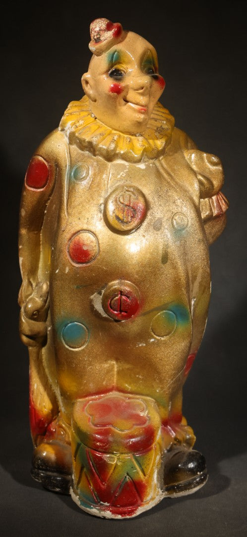 Antique Chalkware Clown Carnival Prize Still Bank with Dollar Sign Motif and Polychrome Paint