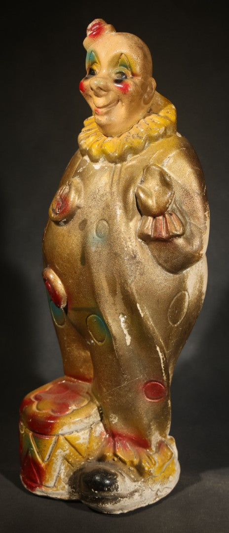 Antique Chalkware Clown Carnival Prize Still Bank with Dollar Sign Motif and Polychrome Paint