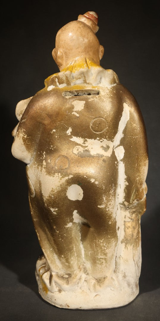 Antique Chalkware Clown Carnival Prize Still Bank with Dollar Sign Motif and Polychrome Paint