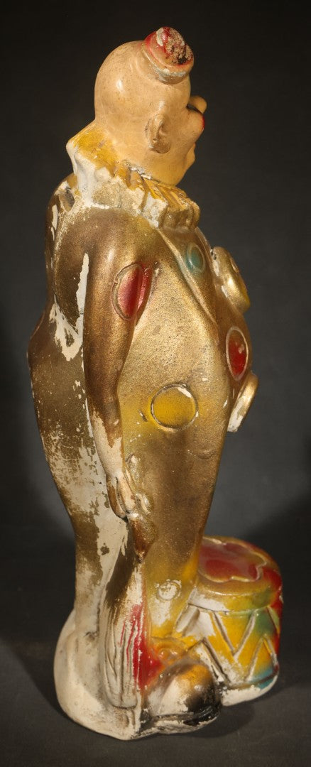 Antique Chalkware Clown Carnival Prize Still Bank with Dollar Sign Motif and Polychrome Paint