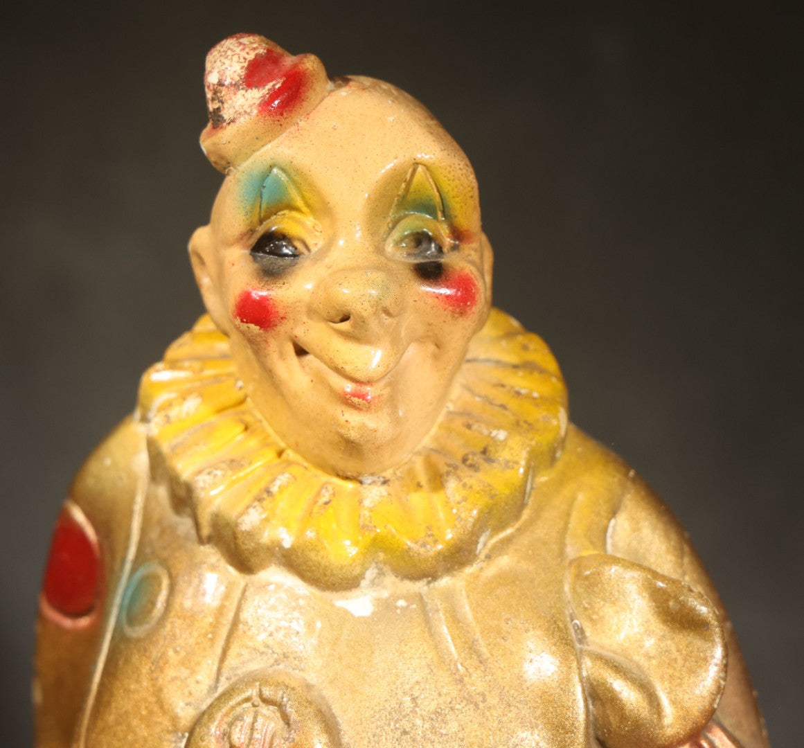 Antique Chalkware Clown Carnival Prize Still Bank with Dollar Sign Motif and Polychrome Paint