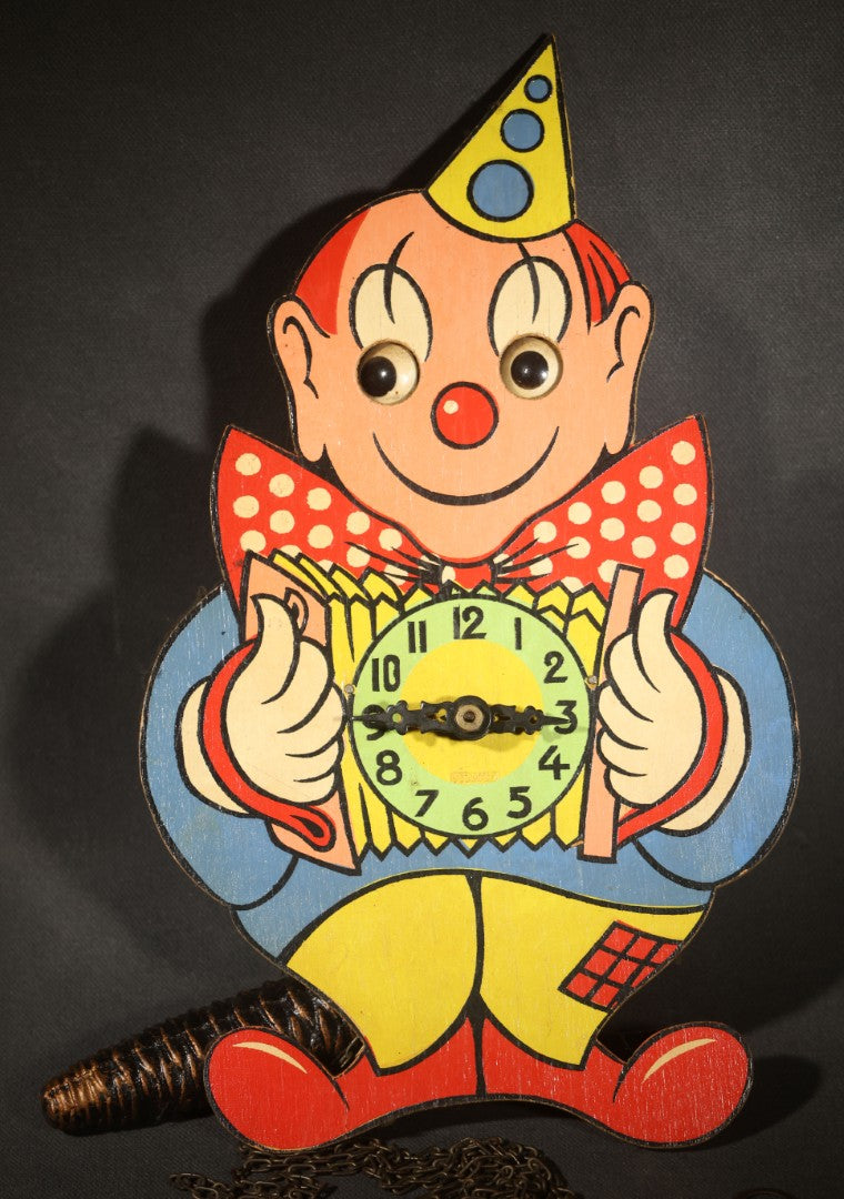 Vintage West German Figural Clown Wall Clock with Moving Eyes and Pinecone Weight, Made in Western Germany