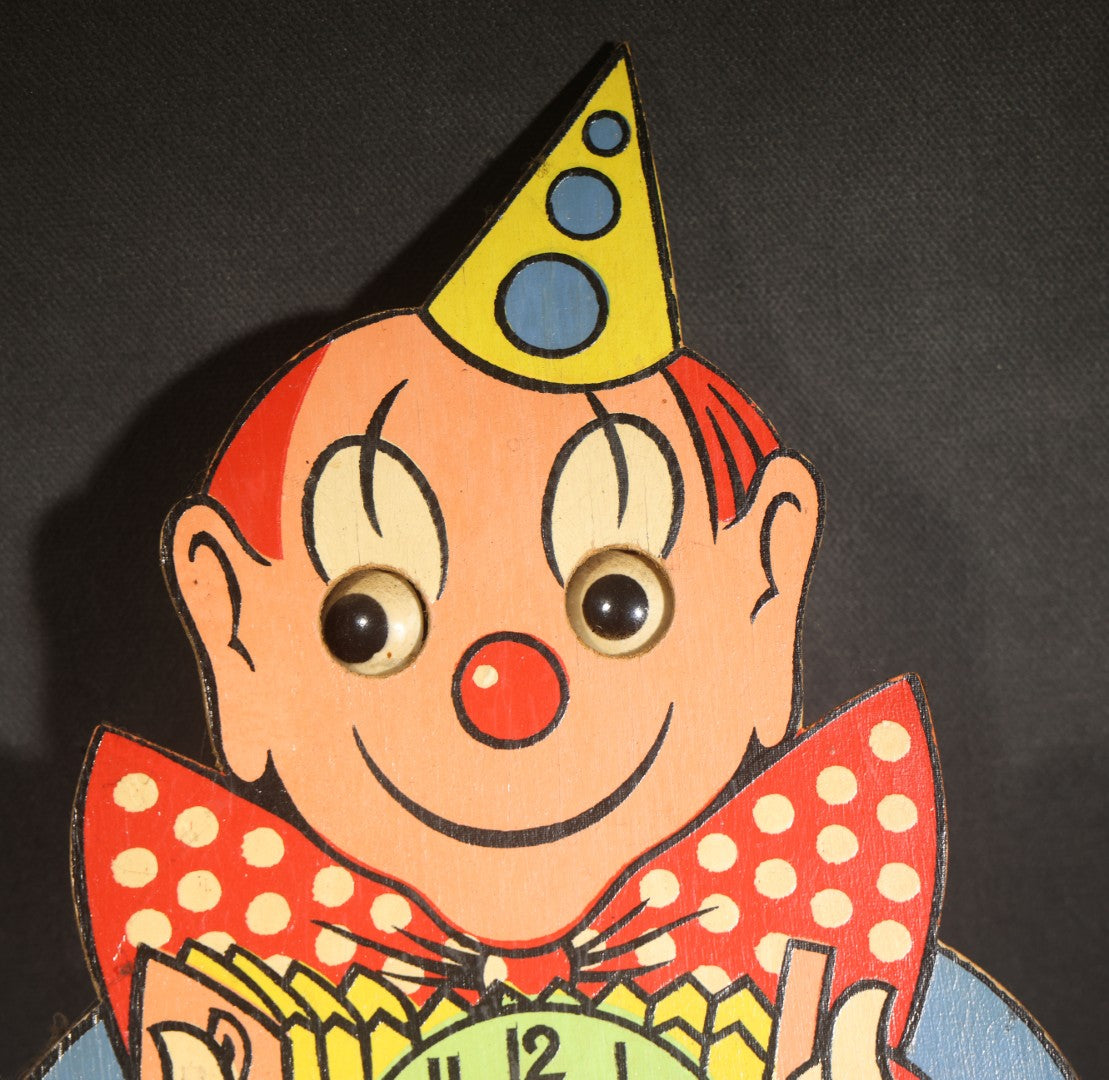 Vintage West German Figural Clown Wall Clock with Moving Eyes and Pinecone Weight, Made in Western Germany