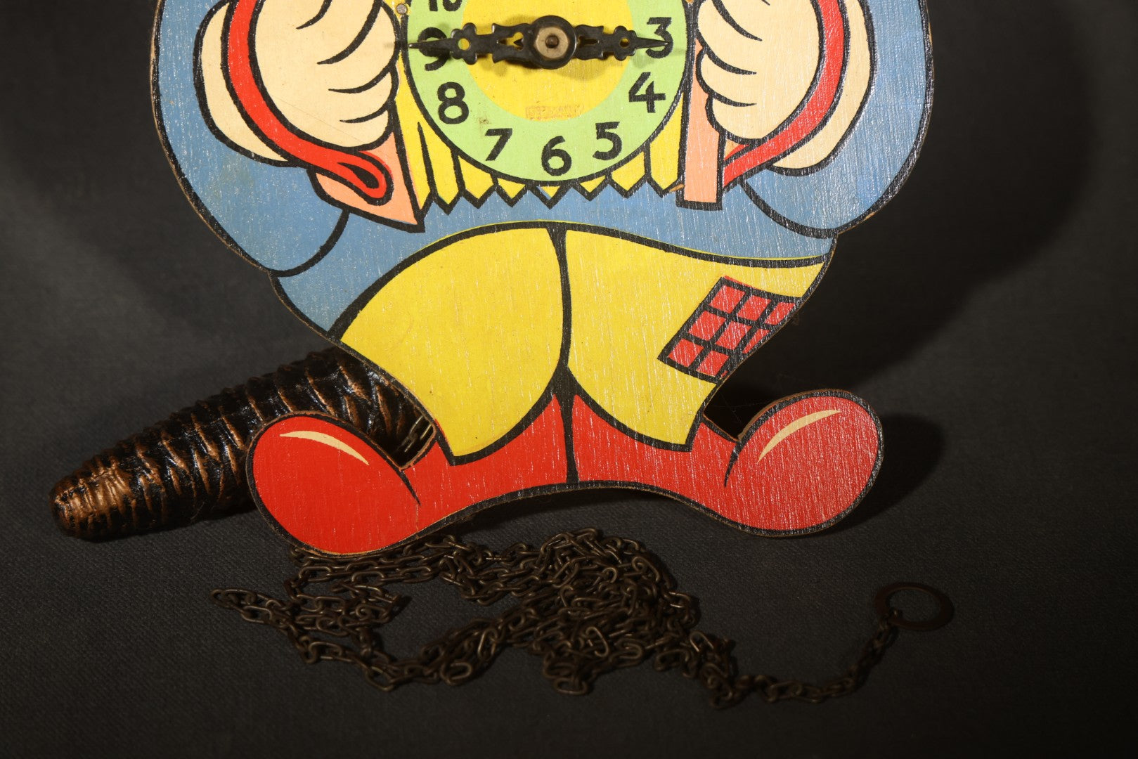 Vintage West German Figural Clown Wall Clock with Moving Eyes and Pinecone Weight, Made in Western Germany