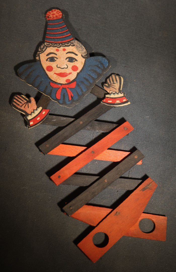 Antique Wooden Lazy Tongs Clown Scissor Toy with Printed Paper Clown Figure