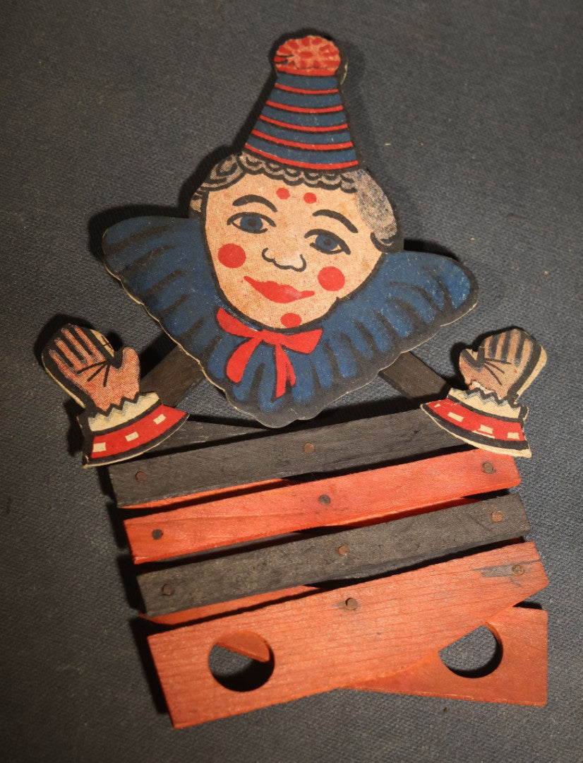 Antique Wooden Lazy Tongs Clown Scissor Toy with Printed Paper Clown Figure