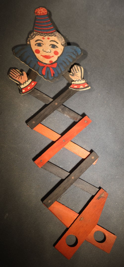 Antique Wooden Lazy Tongs Clown Scissor Toy with Printed Paper Clown Figure
