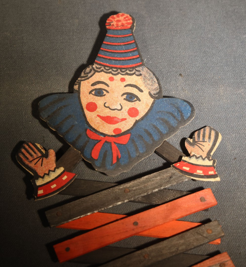 Antique Wooden Lazy Tongs Clown Scissor Toy with Printed Paper Clown Figure